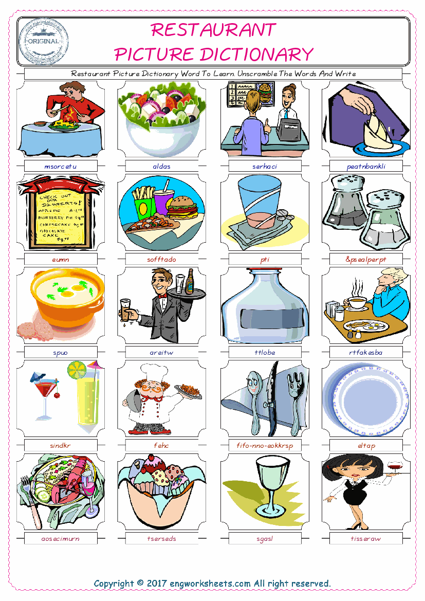  Restaurant ESL Worksheets For kids, the exercise worksheet of finding the words given complexly and supplying the correct one. 